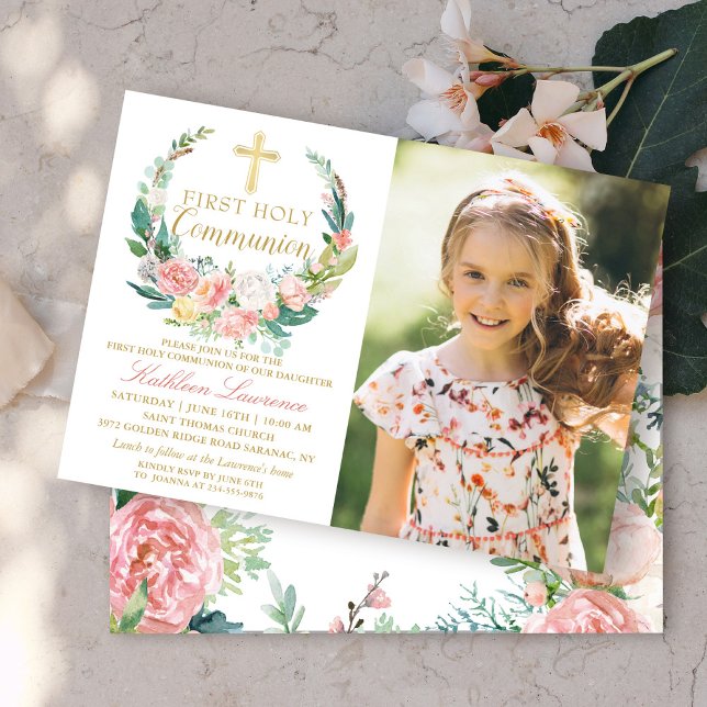 Pink Floral Wreath First Holy Communion Photo Invitation (Creator Uploaded)
