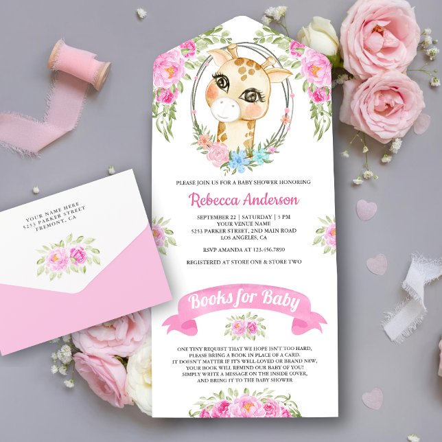 Pink Floral Wreath Giraffe Baby Shower All In One Invitation (Creator Uploaded)