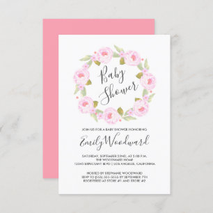 Pink Floral Wreath Girl Baby Shower Invitation