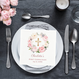 Pink floral wreath girl First Communion luncheon Napkin