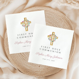 Pink Floral Wreath Girl First Communion  Napkin