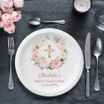 Pink floral wreath girl First Communion Paper Plate<br><div class="desc">A white background,  decorated with watercolored pink and ivory flowers in a wreath and a golden cross. Personalize and add the name and date.</div>