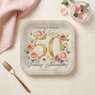 Pink Floral Wreath Gold 50th Wedding Anniversary Paper Plate