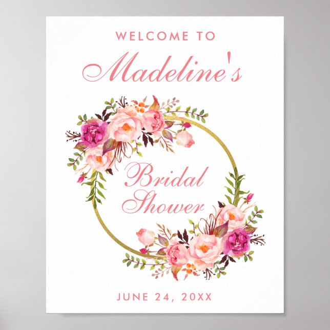 Pink Floral Wreath Gold Bridal Shower Welcome Poster (Front)