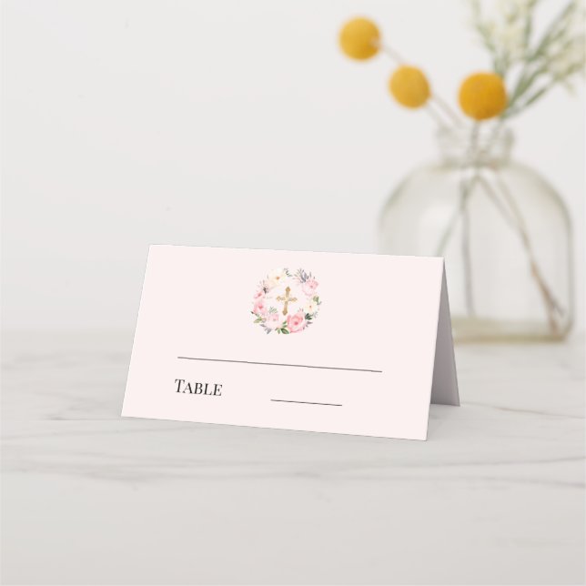 Pink floral wreath gold cross baptism place card (Front)
