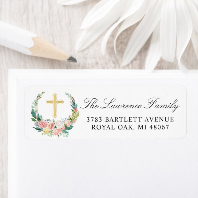 Pink Floral Wreath Gold Cross Return Address Label (Insitu)