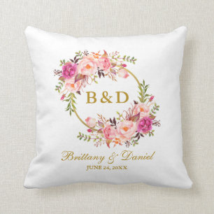 Pink Floral Wreath Gold Monogram Wedding Cushion