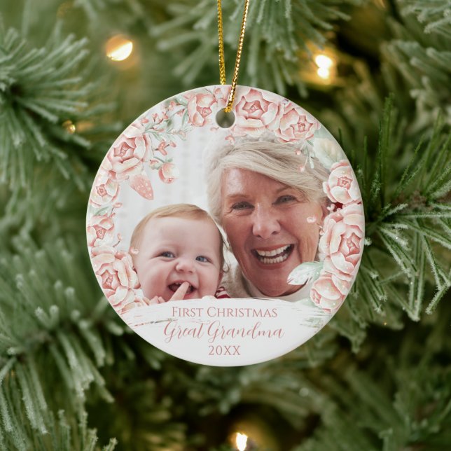 Pink Floral Wreath Great Grandma First Christmas Ceramic Ornament (Tree)
