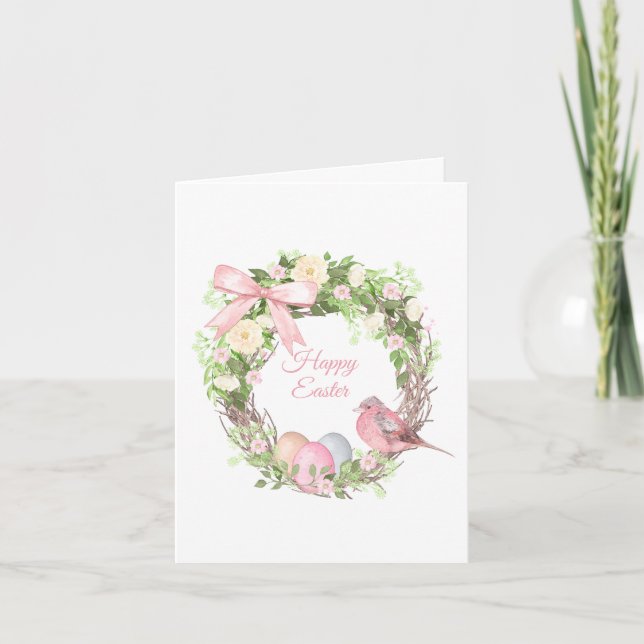 Pink Floral Wreath Happy Easter  Holiday Card (Front)