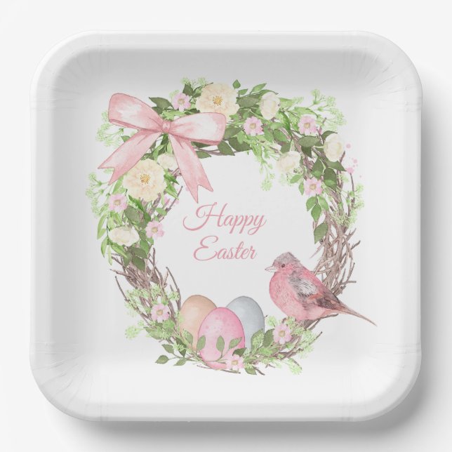 Pink Floral Wreath Happy Easter  Paper Plate (Front)