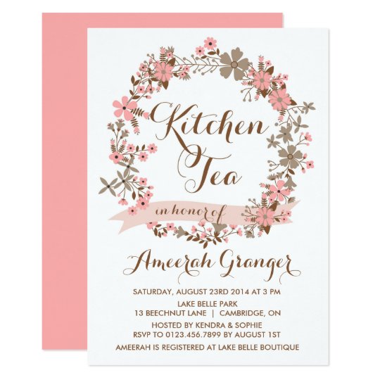 Pink Floral Wreath Kitchen Tea Party Invitation | Zazzle ...