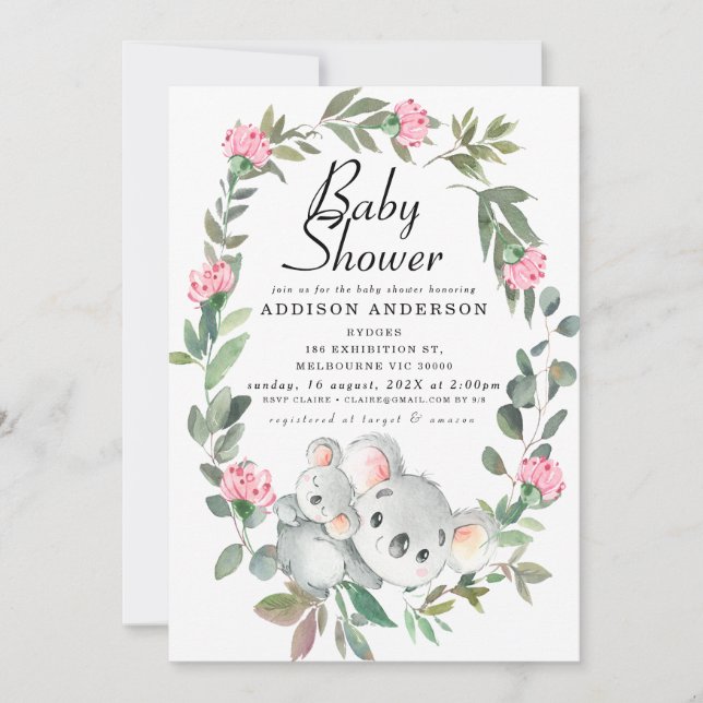 Pink Floral Wreath Koala Bear Baby Shower Invitation (Front)