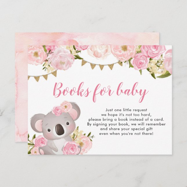 Pink Floral Wreath Koala Books For Baby Invitation Postcard (Front/Back)