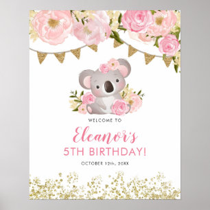 Pink Floral Wreath Koala Kid's Birthday Welcome Poster