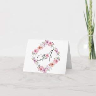 Pink Floral Wreath Letter A Notecard