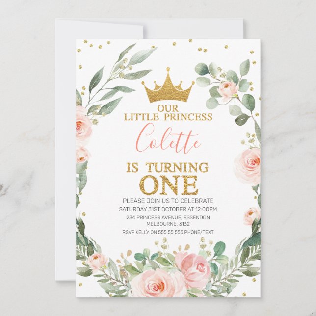 Pink Floral Wreath Little Princess 1st Birthday Invitation (Front)