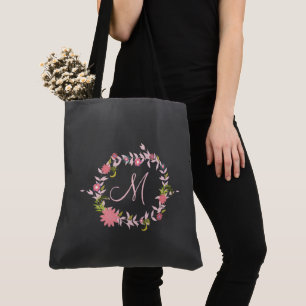 pink floral wreath monogram tote bag