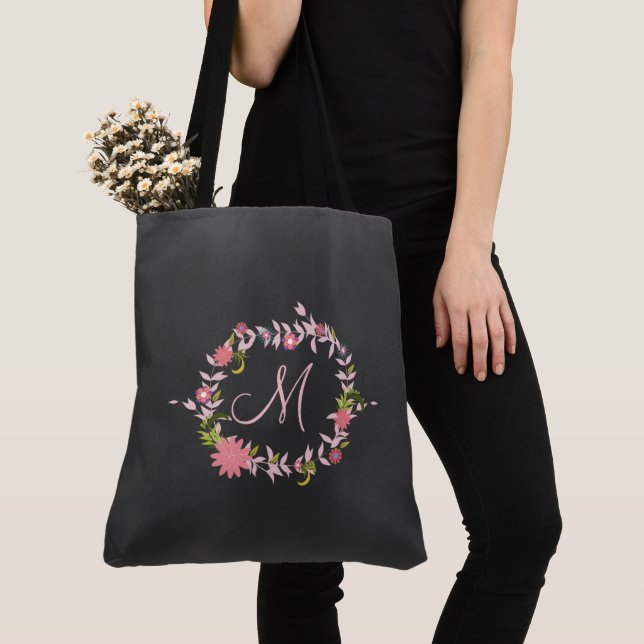 pink floral wreath monogram tote bag (Close Up)