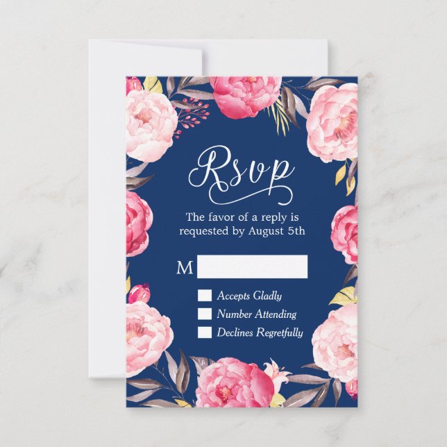 Pink Floral Wreath Navy Blue RSVP Reply (Front)
