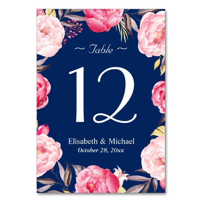 Pink Floral Wreath Navy Blue Wedding Table Number (Front)