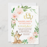 Pink Floral Wreath Oh Deer Birthday Invitation