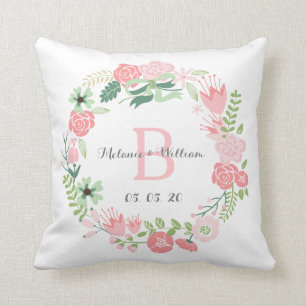 Pink Floral Wreath Personalised Wedding Pillow