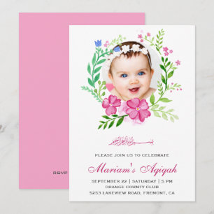 Pink Floral Wreath Photo Baby Girl Aqiqah Invitation