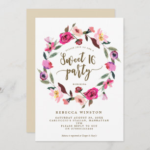 pink floral wreath sweet 16 party invite