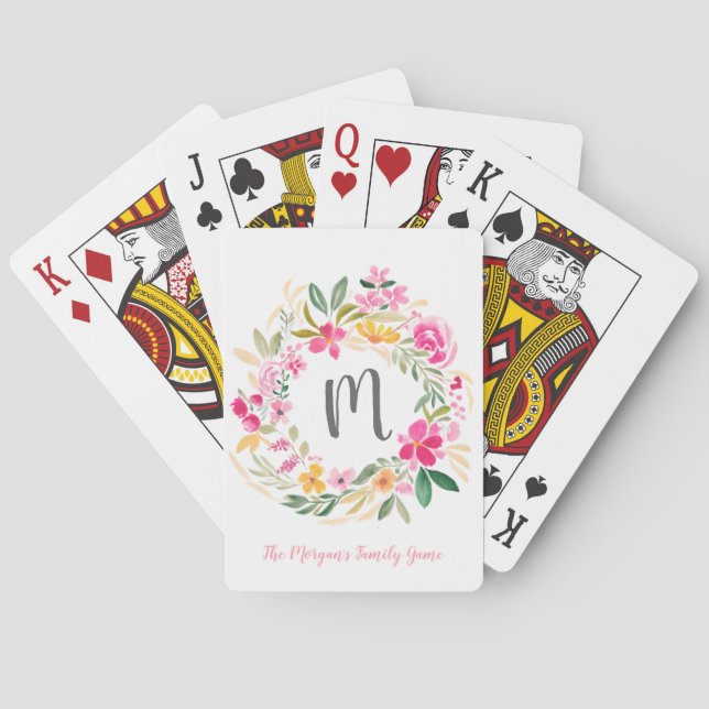 Pink floral wreath watercolor family monogram playing cards (Back)
