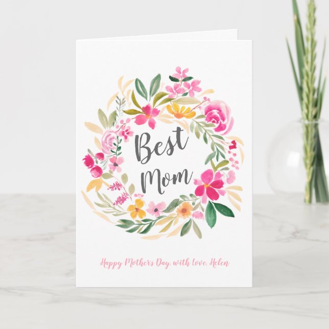 Pink floral wreath watercolor photo mother's day card (Front)