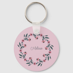 Pink Floral Wreath Watercolor Rose Wildflower Key Ring