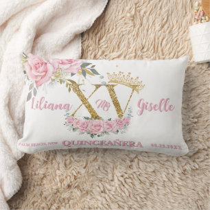 Pink Floral XV 15 Gold QUINCEAÑERA Quince Keepsake Lumbar Cushion
