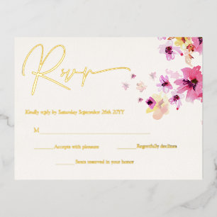 Pink floral Yellow Flowers Botanical RSVP Gold Foil Invitation Postcard