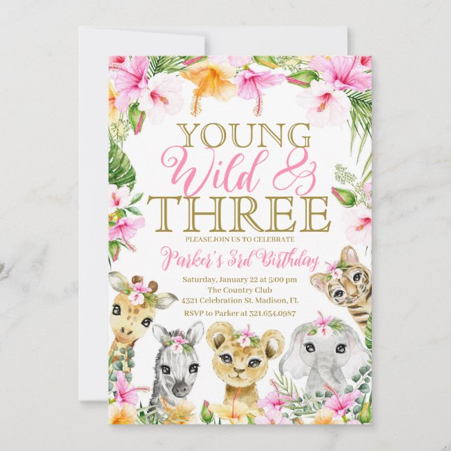 Pink Floral Your Wild & Three Jungle Birthday Girl Invitation (Front)