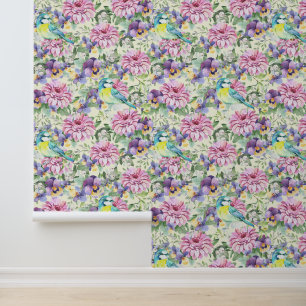 Pink Floral Zinnia Flowers Purple Pansies Birds  Wallpaper