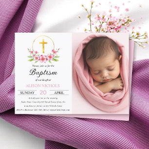 Pink florals and gold cross girl baptism photo invitation