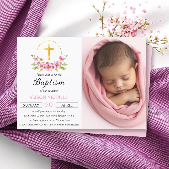 Pink florals and gold cross girl baptism photo invitation (Creator Uploaded)