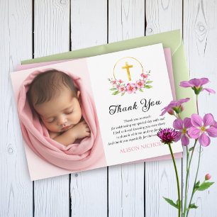 Pink florals and gold cross girl baptism photo thank you card