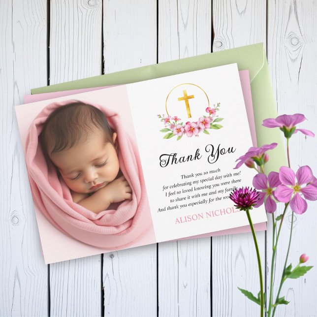 Pink florals and gold cross girl baptism photo thank you card (Creator Uploaded)