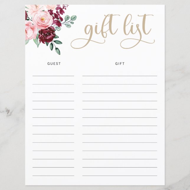 Pink Florals and Gold Wedding Gift List (Front)
