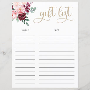 Pink Florals and Gold Wedding Gift List