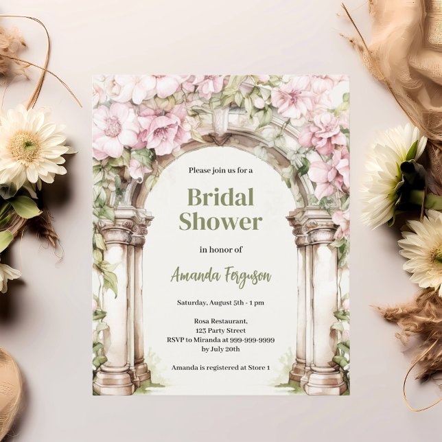 Pink florals arch beige Bridal Shower invitation (Creator Uploaded)