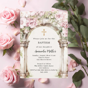 Pink florals arch beige girl Baptism Invitation
