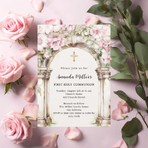 Pink florals arch beige girl First Communion Invitation