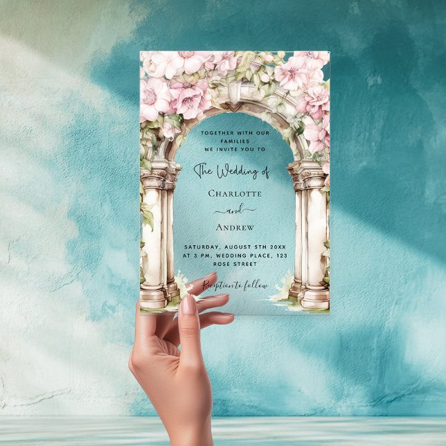 Pink florals arch clear wedding  acrylic invitations (Creator Uploaded)