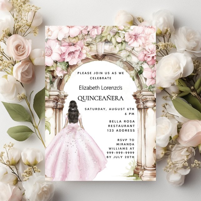 Pink florals arch dress Quinceanera Invitation Postcard (Creator Uploaded)