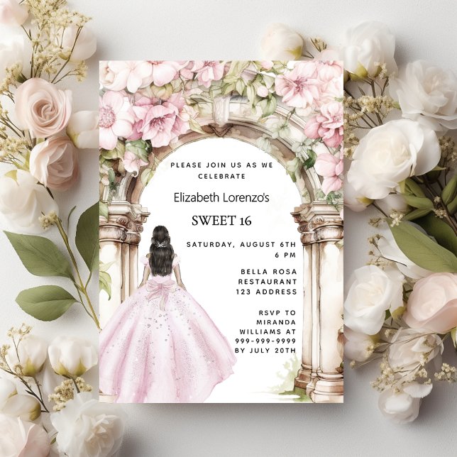 Pink florals arch dress Sweet 16 Invitation Postcard (Creator Uploaded)