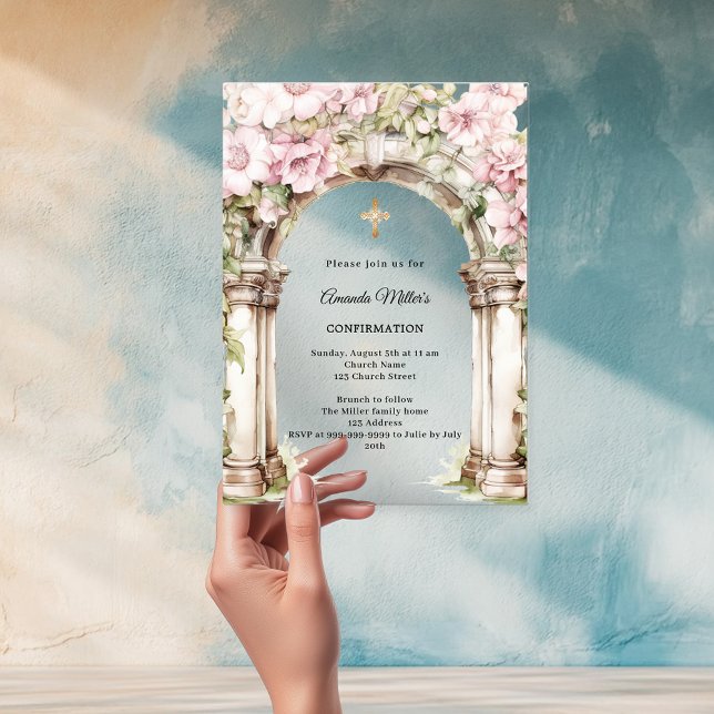 Pink florals arch girl Confirmation Acrylic Invitations (Creator Uploaded)