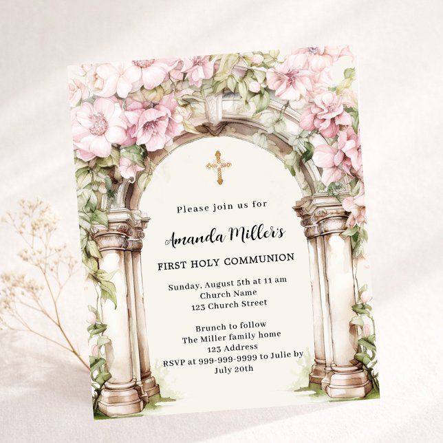 Pink florals arch girl First Communion invitation (Creator Uploaded)