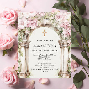 Pink florals arch girl First Communion invitation